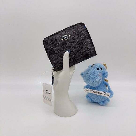 Coach F30308 Small Zip Around Wallet In Signature Canvas Black Grey Smoke Logo - Picture 5 of 6